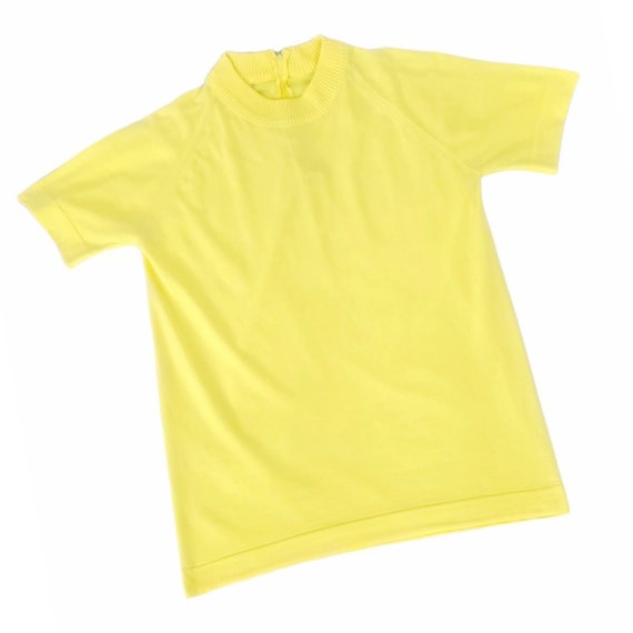 60s Vintage Blouse, 70s Knit Shirt, Lemon Yellow,… - image 1