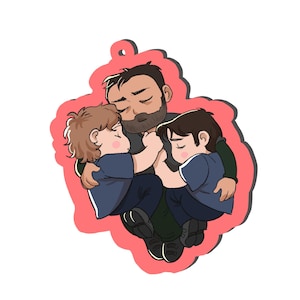 Könnte beinhalten: Cartoon-Illustration eines Vaters, der zwei Kinder umarmt. Die Figuren befinden sich in einem herzförmigen Rahmen mit rosa Umriss. Der Vater hat einen Bart und trägt ein dunkelgrünes Hemd. Die Kinder tragen blaue Hemden.