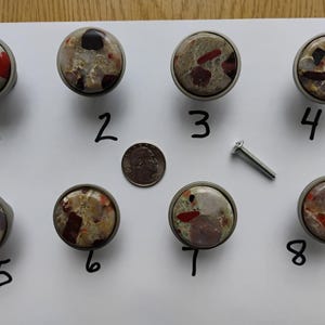 Puddingstone  pudding stone cabinet knobs with silver colored hardware