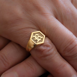 Custom Signet Ring, Hexagon Signet Ring, Old English Font Silver Ring, Custom Family Crest Ring, For Men, Women