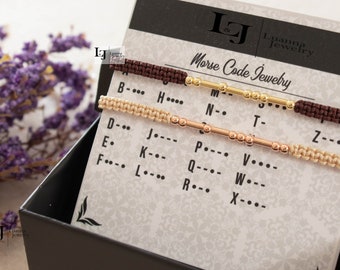Paar macrame morsecode zilveren armband, verborgen geheime boodschap, gepersonaliseerde sieraden, paar partner Valentijnsdag verjaardagscadeau