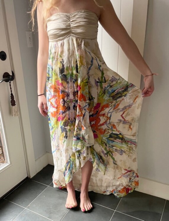 Nicole Miller Champagne High Low Prom Wedding Ruffle Dress Silk