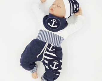 Baby Set Pumphose + Mütze + Halstuch Anker Jeansblau weiß Gr. 50-104 Geschenkset Puschel-Design