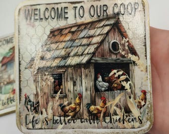 Farmhouse Chicken Coop Coasters -  Fun Farm Animal Chickens Decor / Set of 4 Coops - Great Chicken Hen Rooster Lovers Christmas Gift