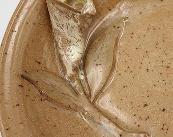 Stoneware Pottery Bowl - Handmade Sculpted Calla Lily, Speckled Beige, 8" Unique Floral Dish