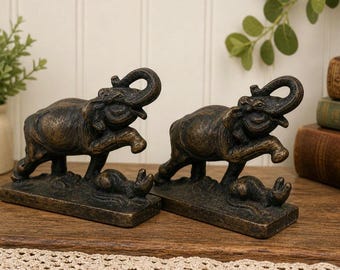 Antique 1920's Hubley Cast Iron Elephant Bookends Made in USA w Beautiful Patina ! Set of 2 heavy shelf - library - desk decor.