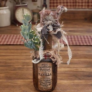 Handmade Rustic Country Kitchen Vanilla Jar w Goat Decor Shelf Sitter / Primitive Style/ Vintage Spindle / Greenery Handspun Burlap Ribbon