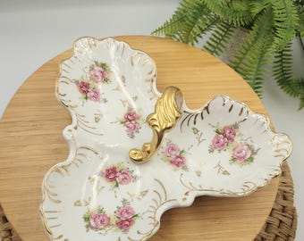 Vintage Arnart Japan Porcelain Relish Dish/ Hand-Painted Roses and Gold Trim / Beautiful Shabby Chic Divided