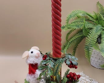 Vintage Brass Taper Candle Holder w Christmas Mouse - Hand Decorated w Handmade Felt Mouse, Holly Berries & Winter Greenery / Holiday Decor