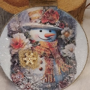 Country SNOWMAN Christmas Ornament.  Handcrafted Rustic Winter Decoration. Shades of Orange and Rusty Browns w/ Bling! Snowflake accents.