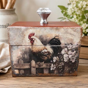 Vintage Handmade Rooster Recipe Card Box / Distressed Farmhouse Kitchen Decor / Barn Red w Crystal Glass knob / Fun Farm Cottage Organizer