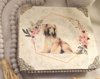 Afghan Hound Dog Wood Riser Stand / Beautiful Handcrafted Table Display / Beaded detailed edging - Very Elegant Shabby Chic Puppy Decor.