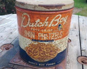 Vintage Dutch Boy Pretzels Tin Can / Rusty Crusty Country Kitchen Farmhouse Decor / Advertising Display