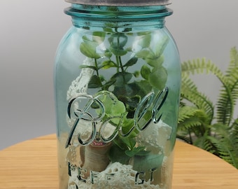 Antique BALL Mason Jar / 1920s Farmhouse Kitchen Vignette Decor w/ thread ribbon greenery inside / Zinc Milk Glass Lid - Vintage Nostalgic