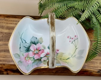 Vintage Nippon Divided Porcelain Dish, Handpainted Floral Gold Trim Candy Nut Bowl, Double Handle Server, Very Early Japan Pottery Decor
