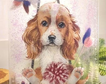 Cocker Spaniel Clipboard - Handmade Puppy Memo Holder - Clear Acrylic w Sparkle - Paw Charm, Rhinestones - Super cute Dog Lovers Gift