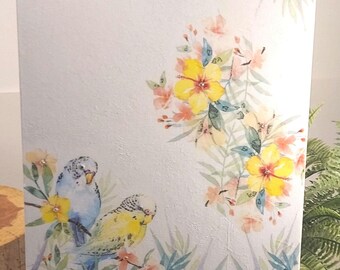 Parakeet Clipboard - Handmade Pair of Budgie Birds - Memo Holder -  Tropical Flowers & Rhinestone Accents - Great Bird Lovers Gift - Texture