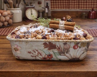 Faux Raisin Crumb Cake / Bread   Loaf - Handmade Fake Bake Custom Floral Design on Vintage Aluminum Pan Farmhouse Country Kitchen Decor