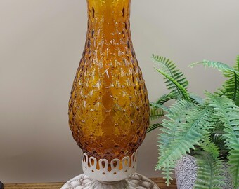 Vintage Wolin Amber Glass Hurricane Lamp Taper Candle Holder w Diamond Quilted Base - Amazing Hard-to-Find Tapered Candleholder MCM