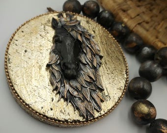 Black Friesian Horse Decor Beaded Garland - Metallic Equestrian Decor / Gold Silver Copper accents  Handmade Stallion Long Mane! One of kind