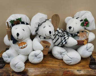 Vintage Country Kitchen CHEF Bears - Set of 3 Cooking Theme Decor - Baking Pie Flour Rolling Pin  2001 JC Penneys Collection Stuffed Animals