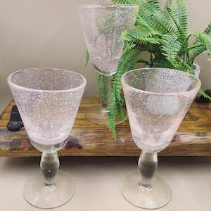 Pink Hand Blown Bubble Glass Wine Water Goblets - Set of 3 - Thick w Clear Stems - Beautiful Everyday or Barware Dining Glasses