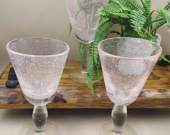 Pink Hand Blown Bubble Glass Wine Water Goblets - Set of 3 - Thick w Clear Stems - Beautiful Everyday or Barware Dining Glasses