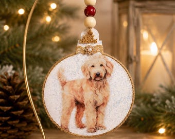 Christmas Goldendoodle Ornament - Handmade Acrylic Dog Holiday Tree or Hanger Decoration. Great Doodle Lovers Gift! Puppy Paw Prints Back