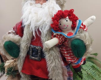 Country Santa Claus Christmas / Rustic Tabletop Mantel Decor / 17" w Raggedy Ann Style Rag Doll and Patchwork Coat Holiday Table Decoration