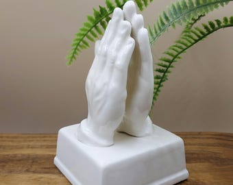 Vintage 1977 Praying Hands Ceramic Figurine White Gloss Small Religious Statue Decor / Christian Catholic Decoration
