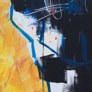 May include: Abstract painting with bold brushstrokes in yellow, black, white, and blue. The artwork features a dynamic composition with intersecting lines and shapes, creating a sense of movement and depth. Two small red dots add a pop of color.