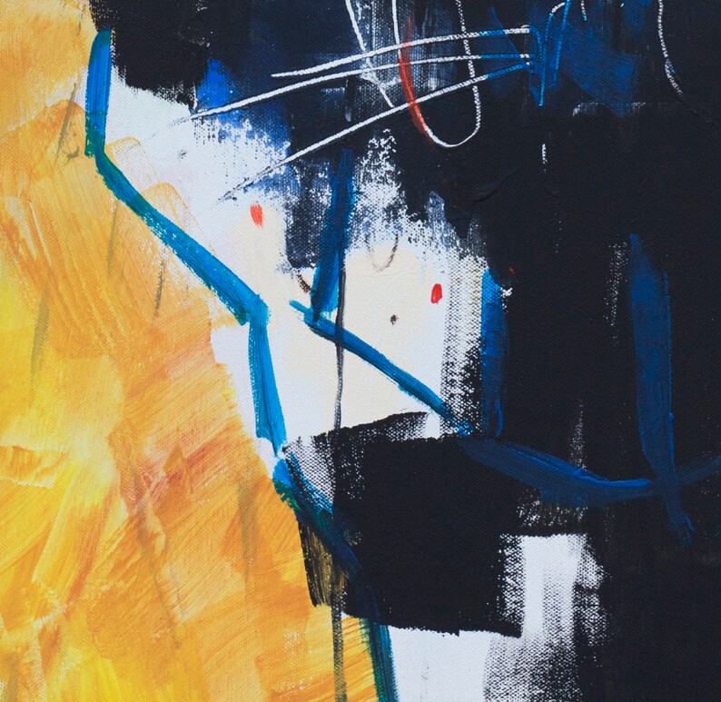 May include: Abstract painting with bold brushstrokes in yellow, black, white, and blue. The artwork features a dynamic composition with intersecting lines and shapes, creating a sense of movement and depth. Two small red dots add a pop of color.