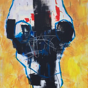 May include: Abstract painting with a yellow background and a central figure in black, white, and red. The figure is outlined in blue, with white lines and brushstrokes adding texture. The artwork has a modern, expressive style.