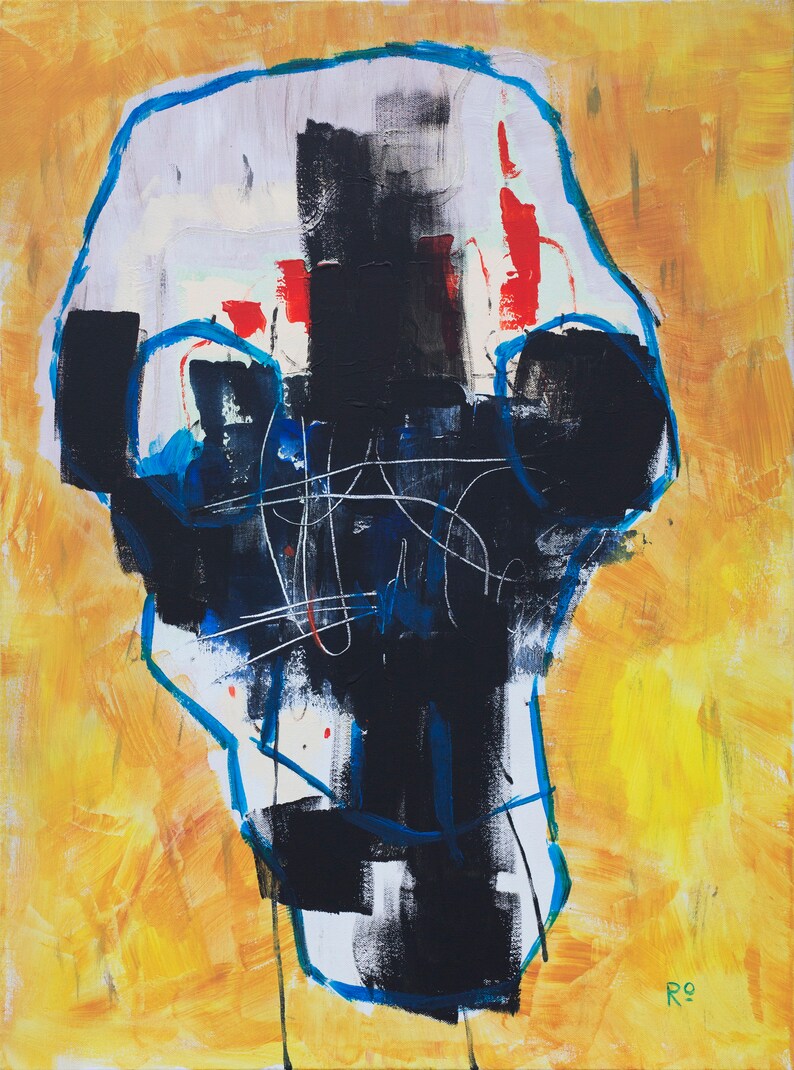 May include: Abstract painting with a yellow background and a central figure in black, white, and red. The figure is outlined in blue, with white lines and brushstrokes adding texture. The artwork has a modern, expressive style.