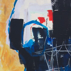 May include: Abstract acrylic painting with a square format. The artwork features bold brushstrokes in yellow, black, blue, and red against a white background. White linear elements add contrast and texture to the composition.