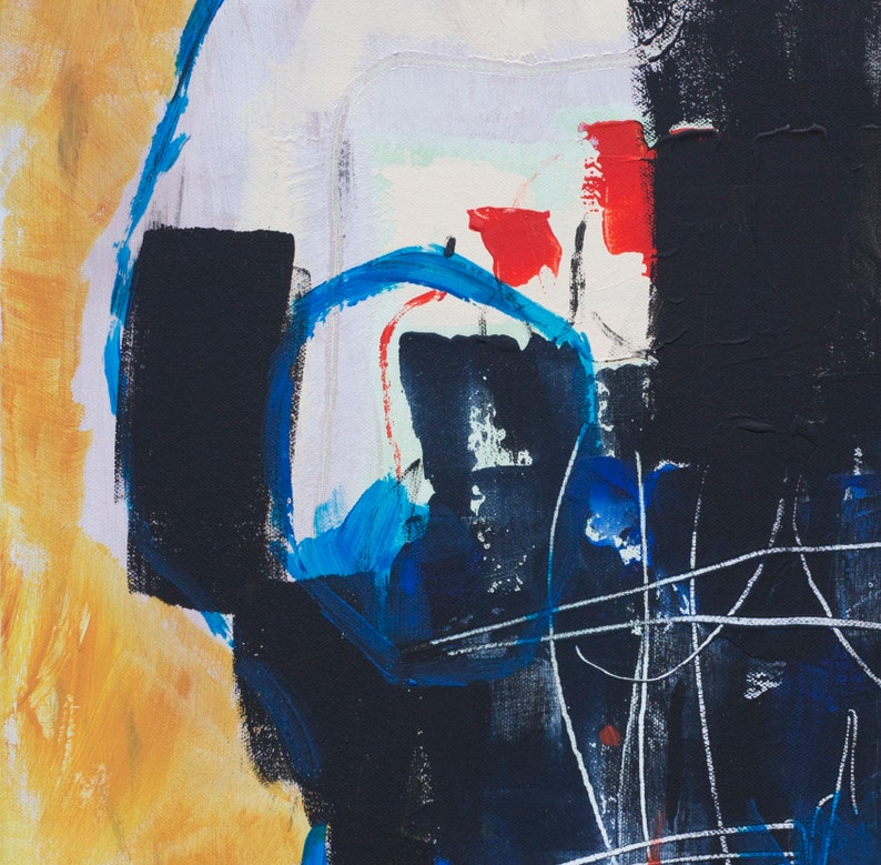 May include: Abstract acrylic painting with a square format. The artwork features bold brushstrokes in yellow, black, blue, and red against a white background. White linear elements add contrast and texture to the composition.