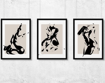 Abstract Female Nude - Erotic Art Prints, Black and White Art, Nude Silhouette Art, Body Line Art, Line Illustration, Gallery Wall Set