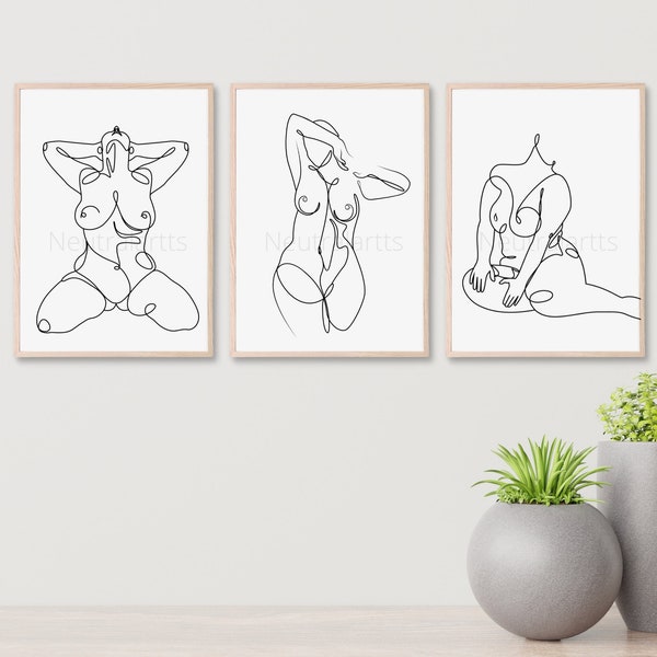 UNFRAMED Minamilst Curvy Figure Wall Art Set of 3 Physical Poster Prints- Original Nude Line Art