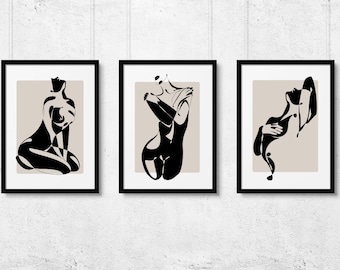 Abstract nude woman art set of 3, Erotic female figure drawing, Sexy body art prints, Sensual women art, Modern wall art