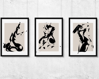 Abstract nude woman art set of 3, Erotic female figure drawing, Sexy body art prints, Sensual women art, Modern wall art