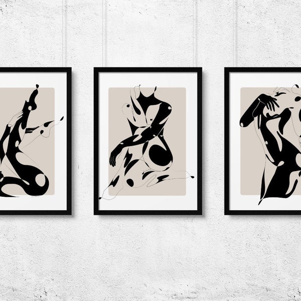 Abstract nude woman art set of 3, Erotic female figure drawing, Sexy body art prints, Sensual women art, Modern wall art