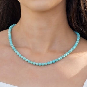 Turquoise Beaded Necklace in Sterling Silver, 6mm Round Beads