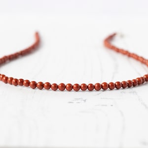Red Jasper Beaded Necklace.Sterling Silver. 4mm Round Red Dainty Beads Long Layered Necklace. Beaded Choker.The Perfect Gift for Her