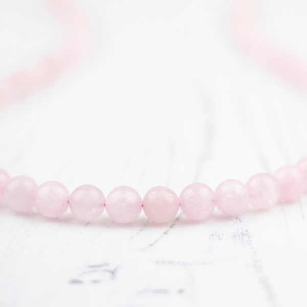 Rose Quartz Beaded Necklace In Sterling Silver. 8mm Round Pink Gemstone Beads Long Layered Necklace. Choker Necklace.Gift for Her and Mum