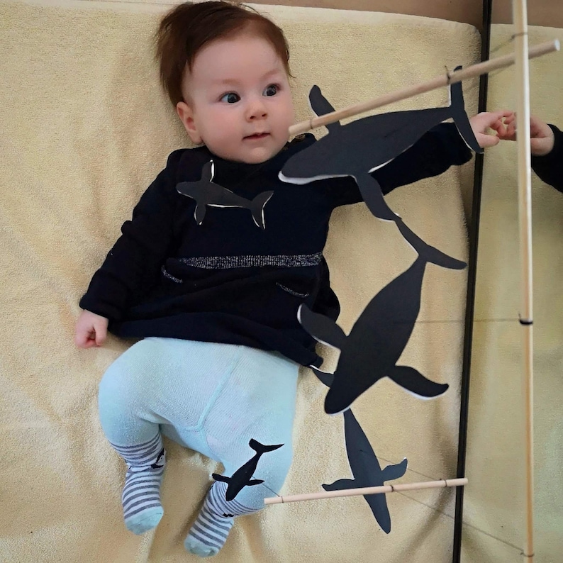 A baby girl is looking at the DIY Montessori Whale Mobile