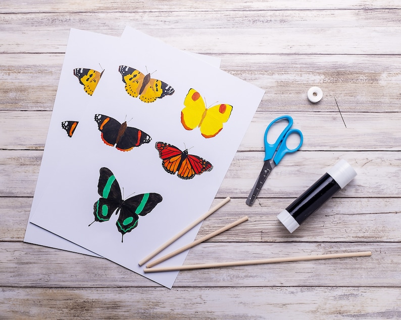 Close-up of hand-painted butterfly templates printed on 100g paper for cutting
