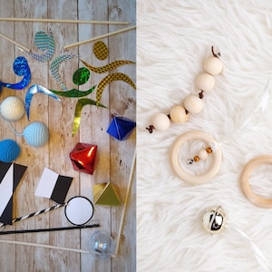 The parts of the Full DIY Crocheted Montessori mobile set, the visual and the tactile set.