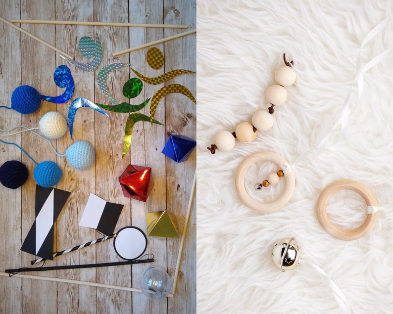 The parts of the Full DIY Crocheted Montessori mobile set, the visual and the tactile set.