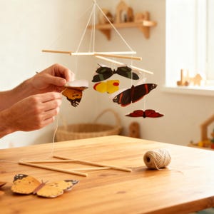 Parent assembling a Montessori butterfly baby mobile with bamboo rods and paper butterflies, DIY Montessori mobile kit for nursery