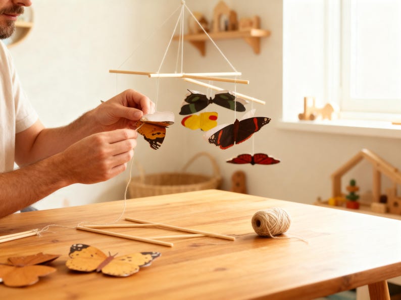 Parent assembling a Montessori butterfly baby mobile with bamboo rods and paper butterflies, DIY Montessori mobile kit for nursery